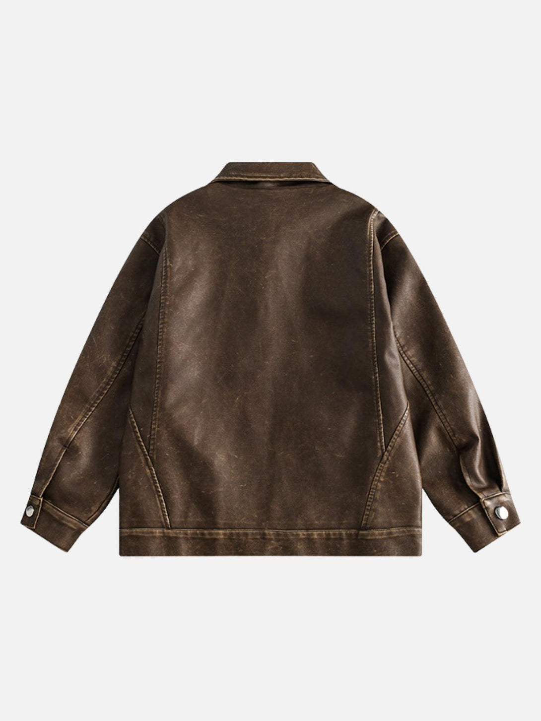 Back view of TALISHKO's washed faux leather jacket, highlighting its rugged texture and style.