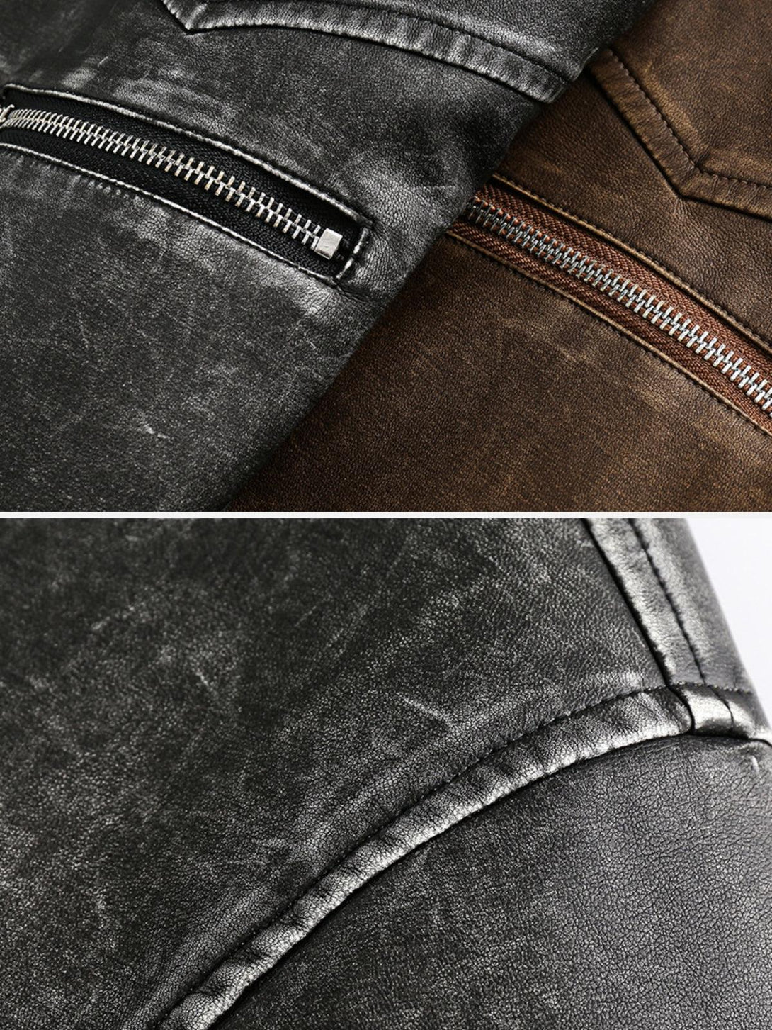 Intricate look at TALISHKO's washed faux leather jacket, highlighting the zipper and texture.