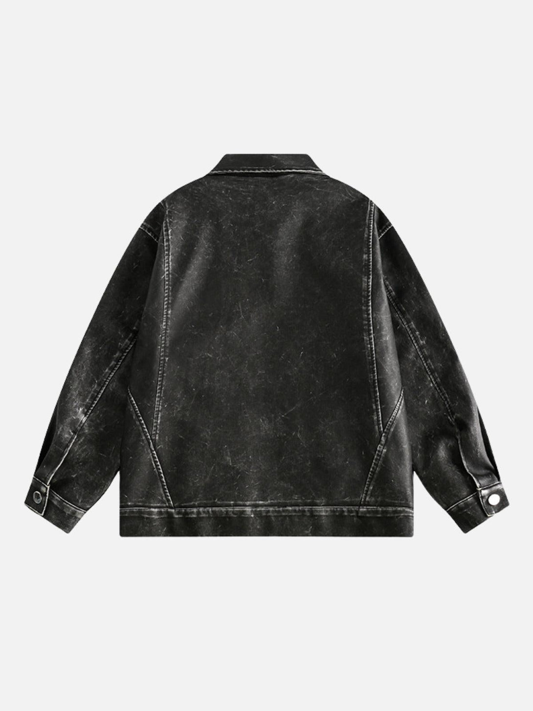 Back view of a washed faux leather jacket by TALISHKO, offering a rugged, stylish look.