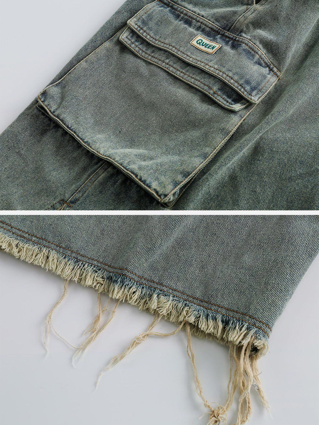 A detailed look at TALISHKO's washed fringe jorts, highlighting rugged texture and pocket design.
