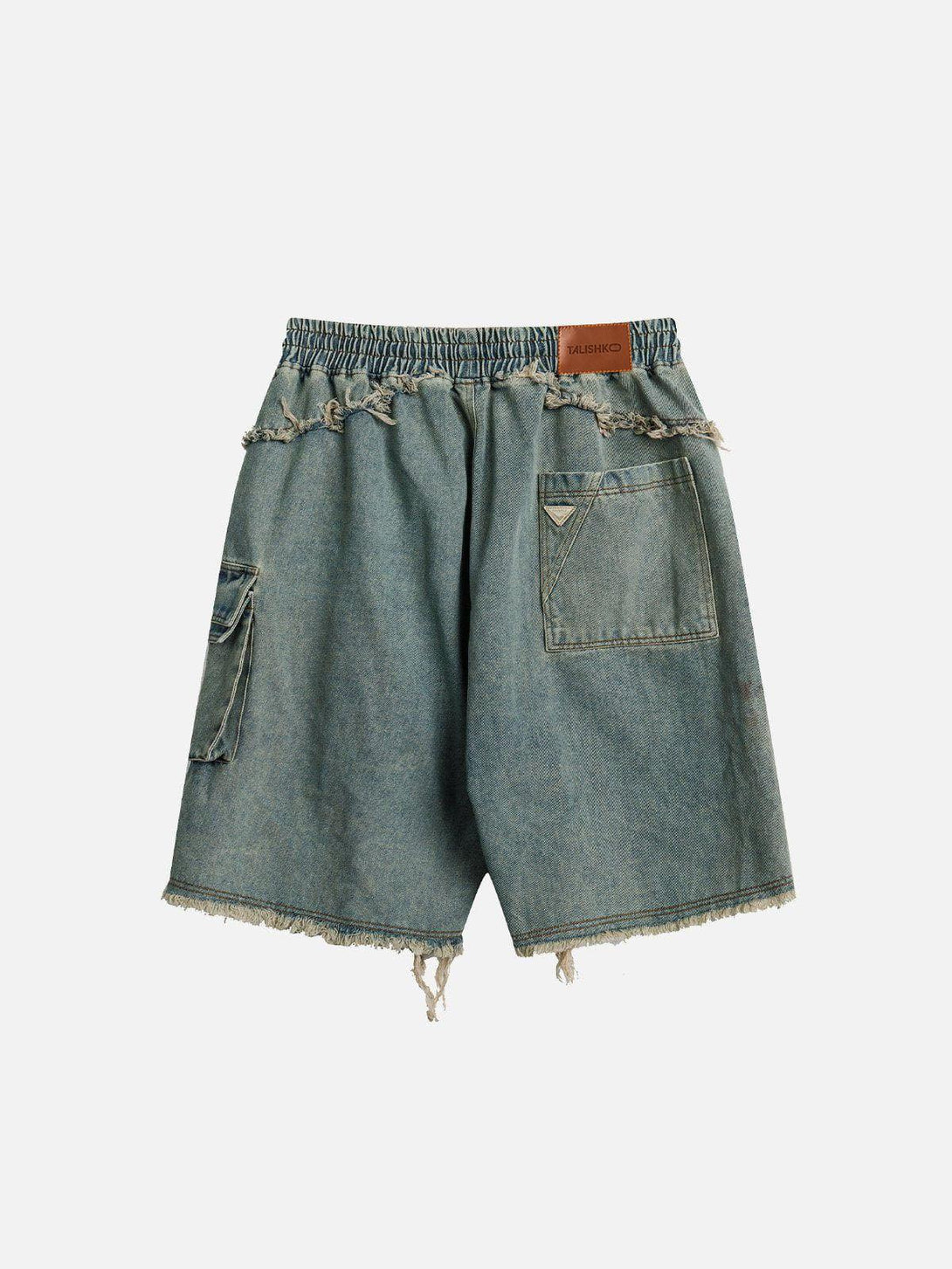 Back view of washed fringe jorts by TALISHKO, featuring a relaxed fit and distressed details.