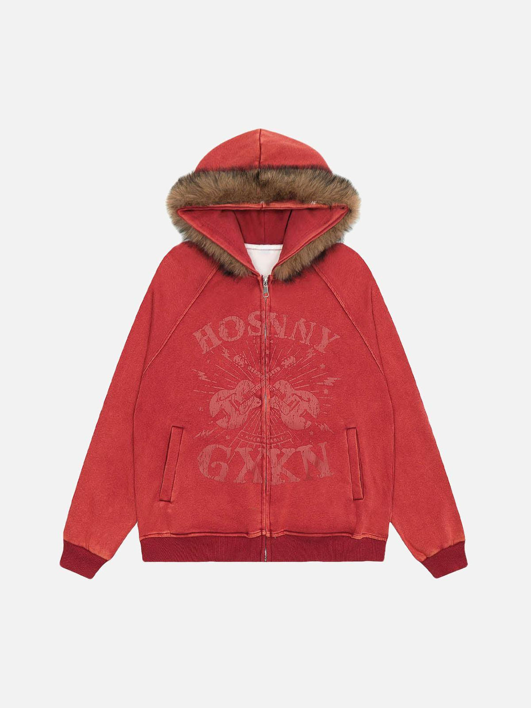Cozy red washed zip-up hoodie featuring a fur collar, designed by TALISHKO for a stylish look.