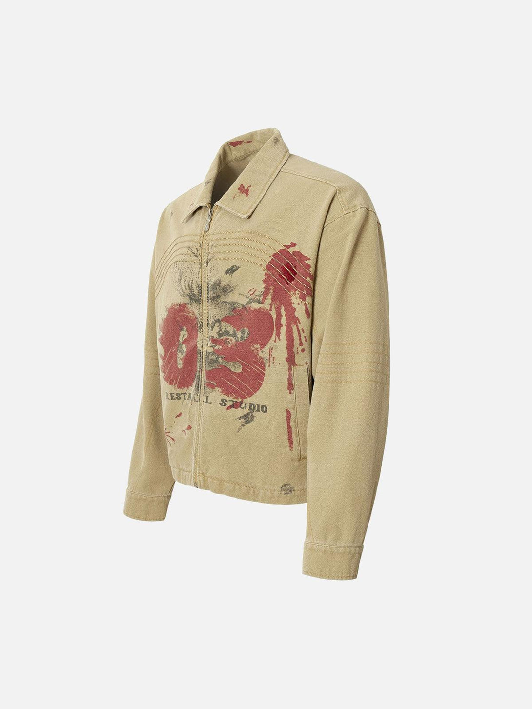 TALISHKO's washed zip-up jacket features a bold graffiti design, adding a modern edge.
