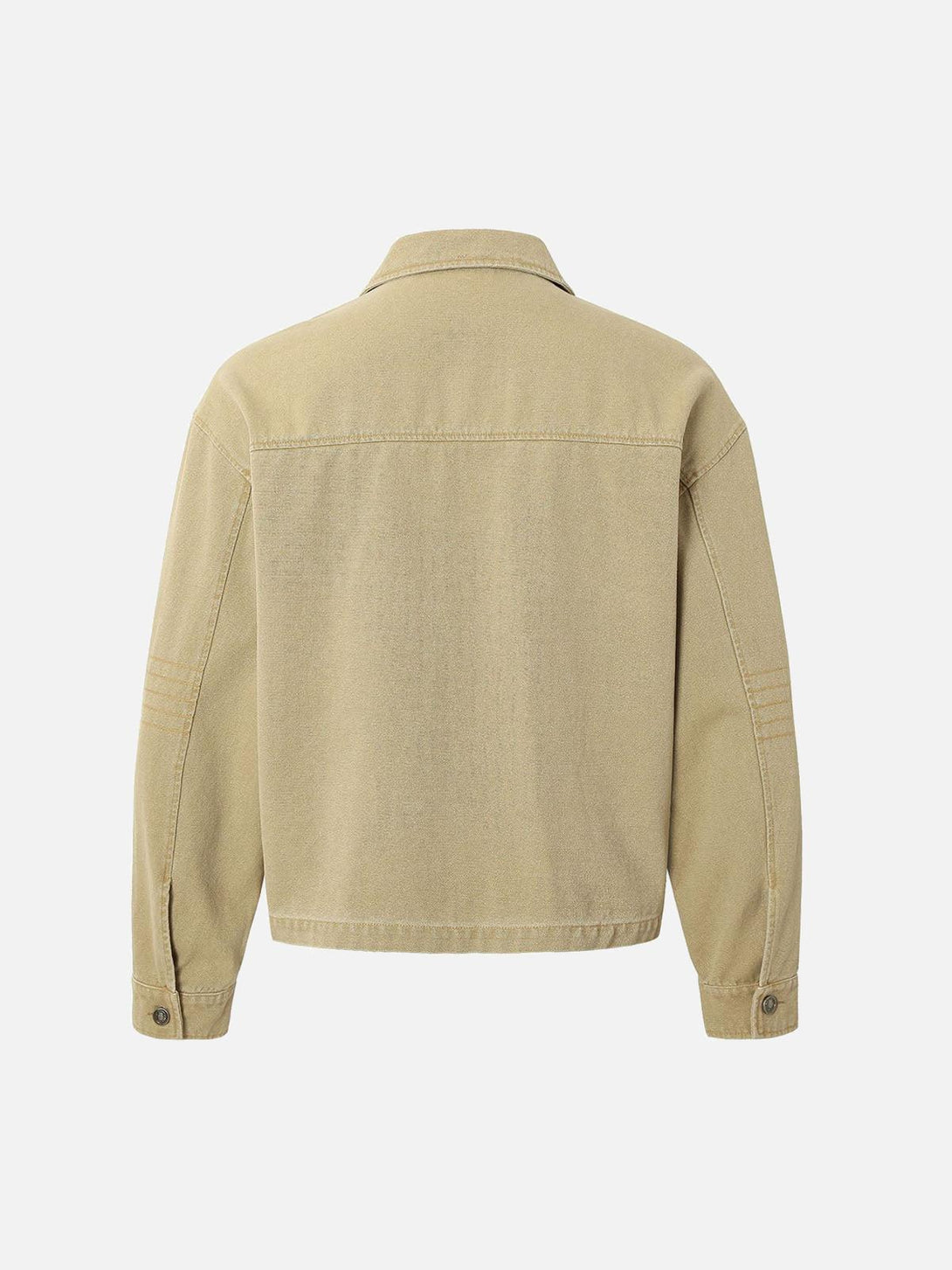 Back view of TALISHKO's washed workwear jacket, highlighting its classic fit and style.