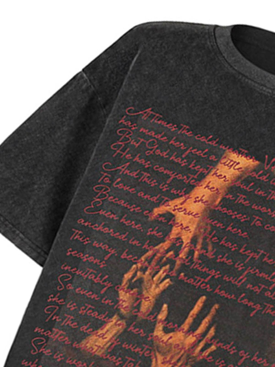 Intricate look at the washed graphic design on a TALISHKO crew neck T-shirt, perfect for casual wear.