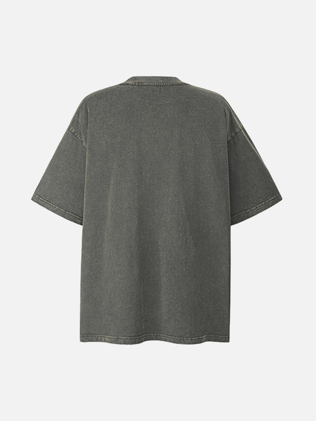 Back view of a washed graphic crew neck T-shirt by TALISHKO, showcasing its relaxed fit.