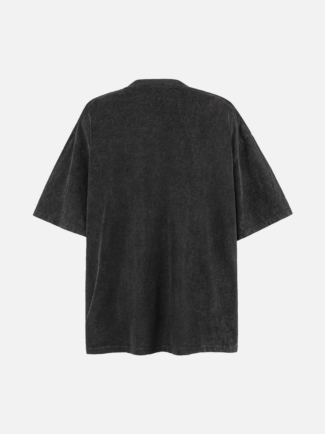 Back view of a washed black crew neck T-shirt by TALISHKO, highlighting its casual style.