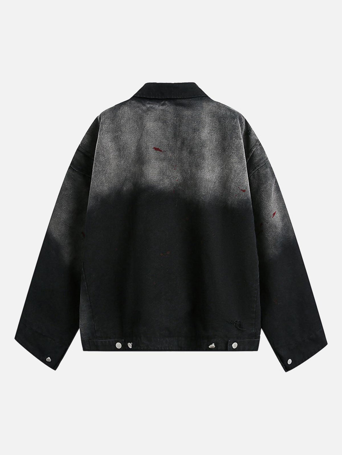 Back view of a TALISHKO washed ink gradient denim jacket, showcasing its distinctive ripped design.