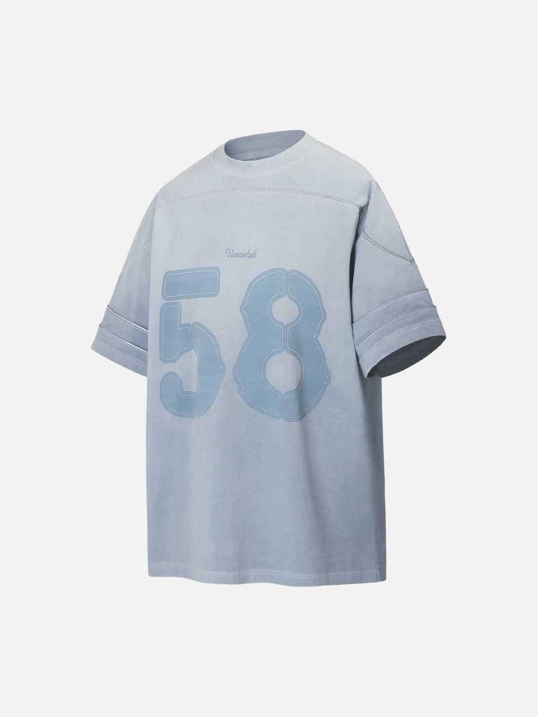 Side view of washed blue T-shirt by TALISHKO featuring welt stitching and a bold number 58.