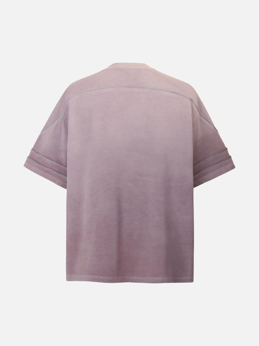 Back view of washed purple T-shirt by TALISHKO highlighting welt stitching detail.