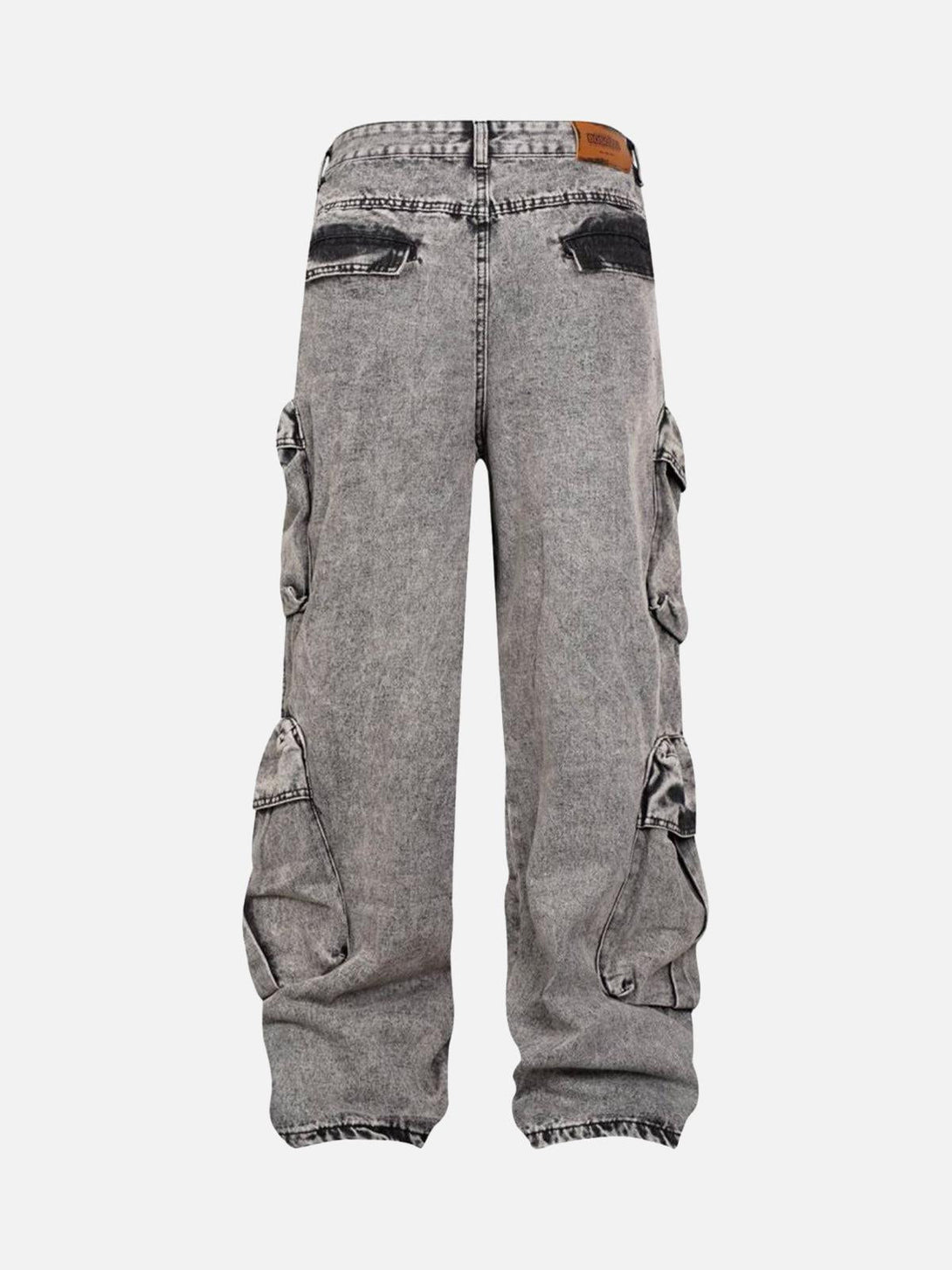 Back view of gray washed cargo jeans by TALISHKO, showcasing multiple pockets for casual style.