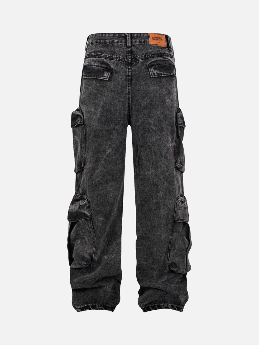 Back view of washed cargo jeans by TALISHKO, featuring multiple pockets for a rugged look.