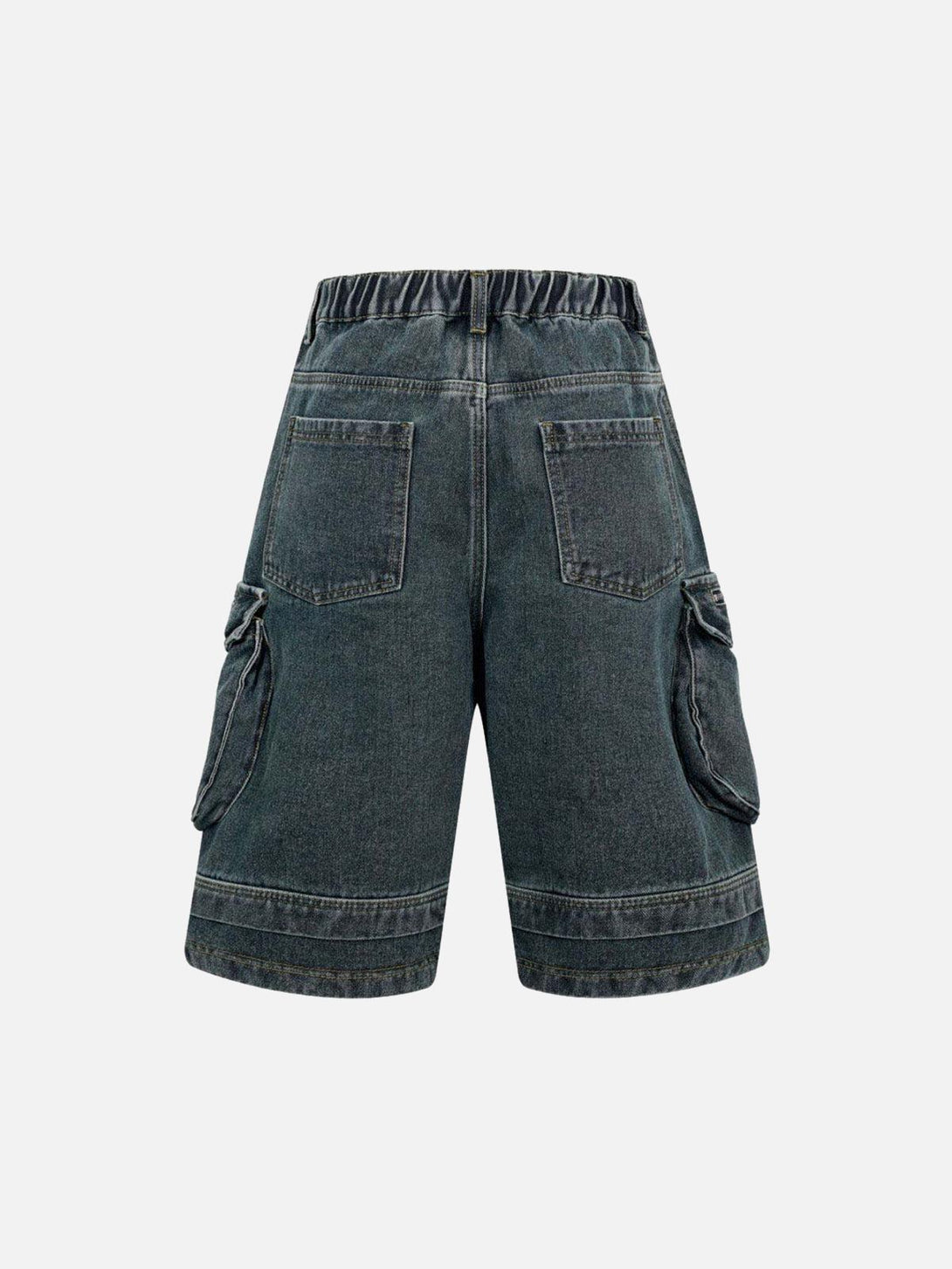 Back view of TALISHKO's washed denim cargo jorts, showcasing multiple pockets and relaxed fit.