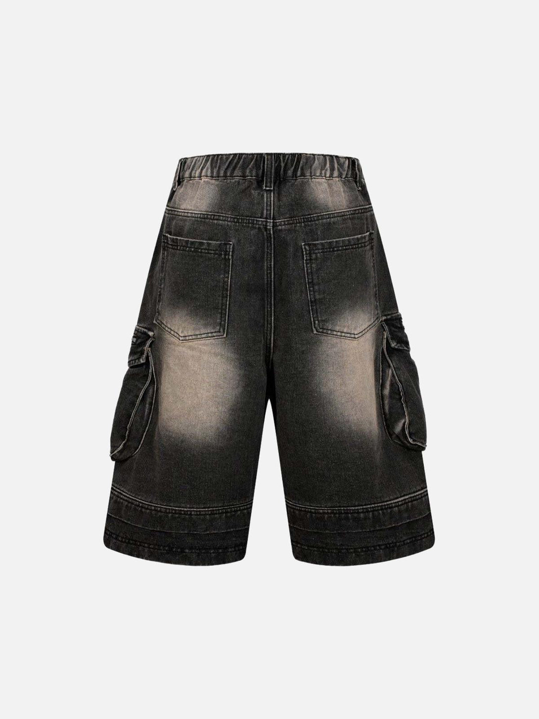 Back view of washed denim cargo jorts featuring multiple pockets, designed by TALISHKO.