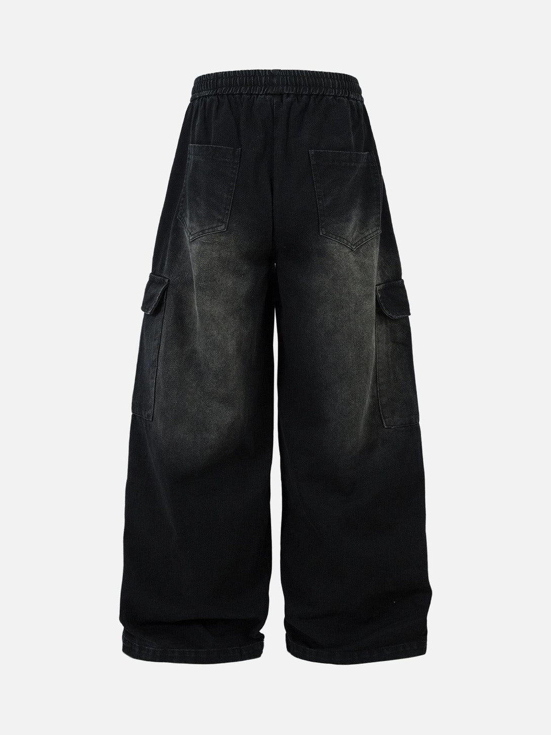 Back view of washed cargo jeans by TALISHKO, showcasing multi-pocket design and relaxed fit.