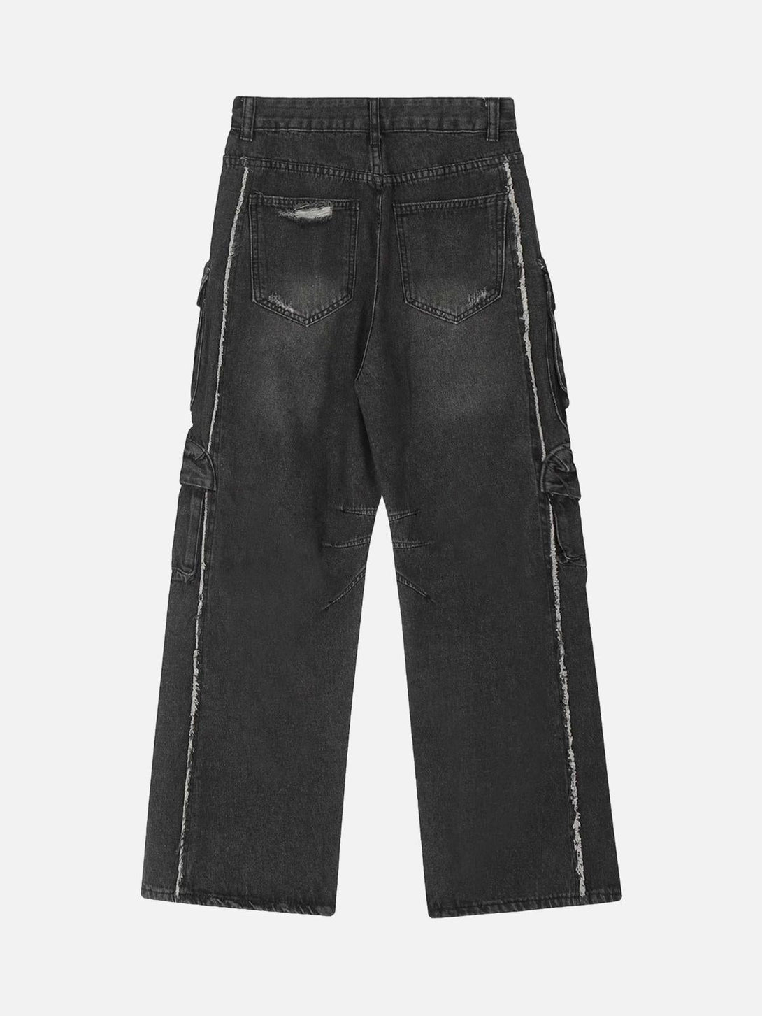 Back view of TALISHKO washed cargo jeans, highlighting multiple pockets and rugged seams.