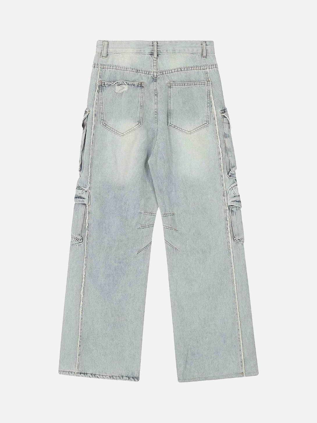 Back view of TALISHKO washed cargo jeans, featuring multiple pockets and durable stitching.