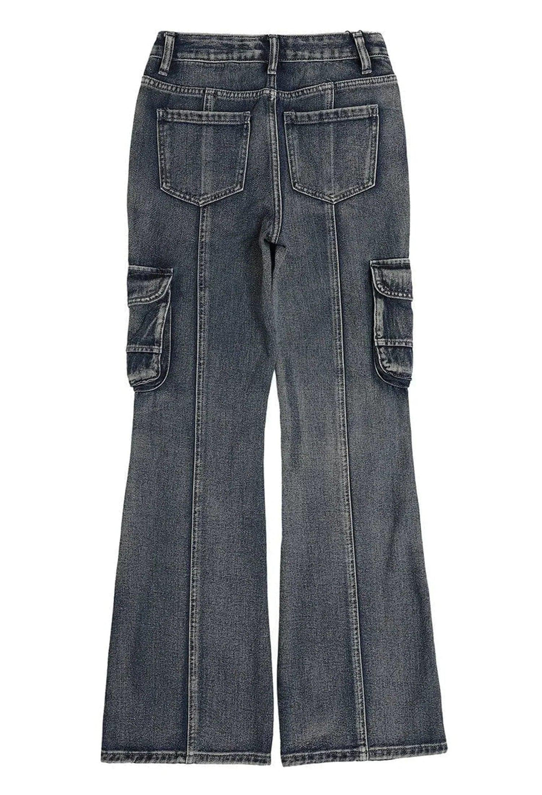 Back view of TALISHKO washed slim fit jeans, featuring cargo pockets and a vintage look.