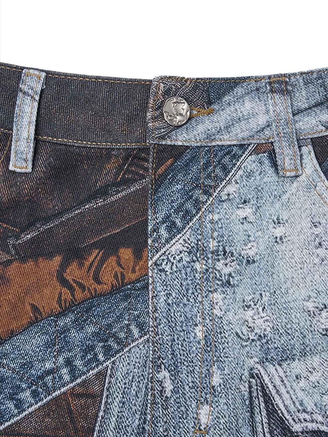 Detailed fabric and stitching on TALISHKO jeans, highlighting the patchwork denim artistry.
