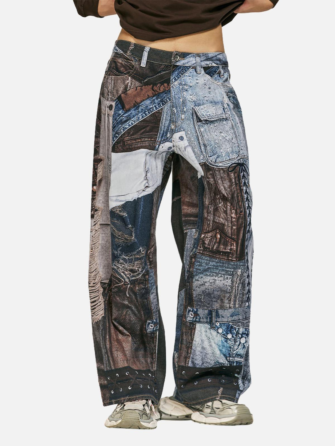 Model in TALISHKO patchwork baggy jeans, featuring a unique denim collage design.