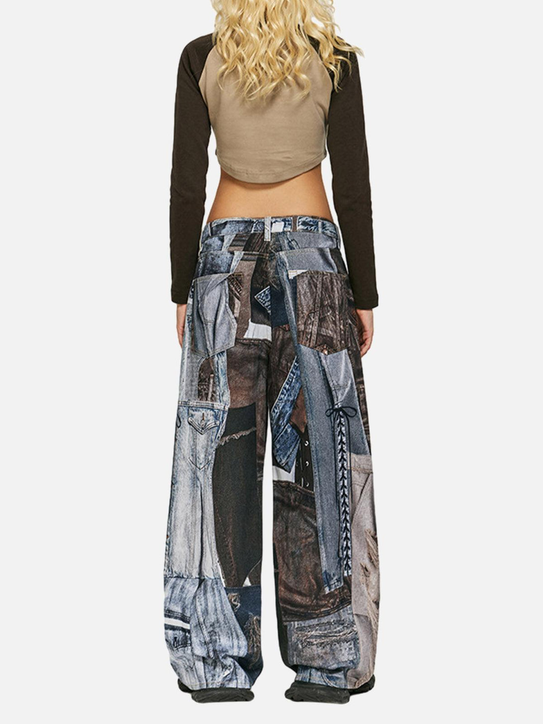 Back view of TALISHKO patchwork baggy jeans, showcasing a creative denim collage design.
