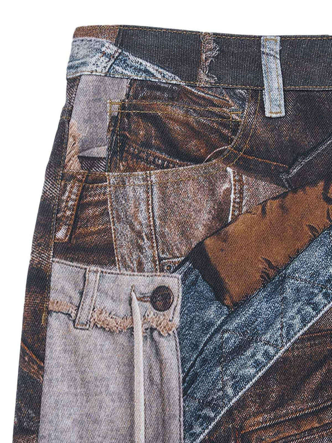 Intricate look at TALISHKO's washed patchwork baggy jeans, showcasing unique denim textures.