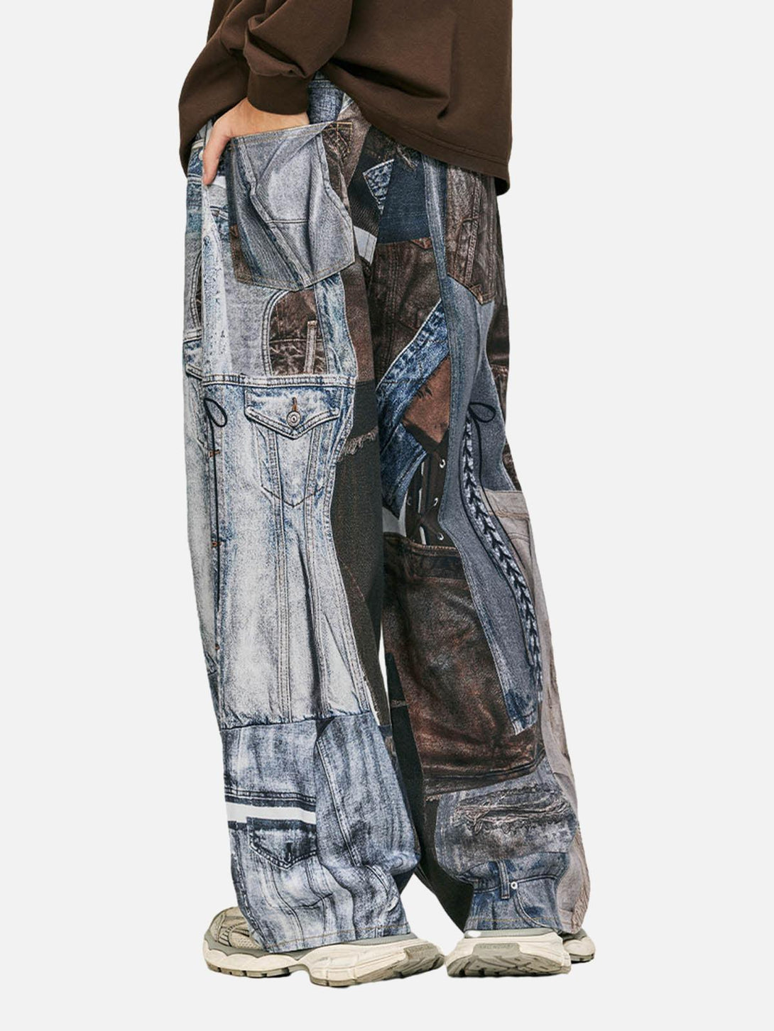 Side view of TALISHKO washed patchwork baggy jeans, highlighting their unique denim collage.
