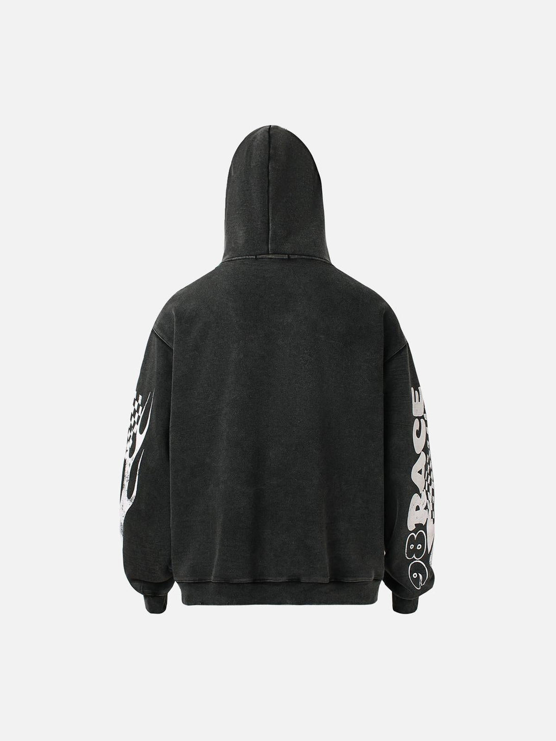 Back view of a black washed hoodie by TALISHKO, featuring striking sleeve graphics.