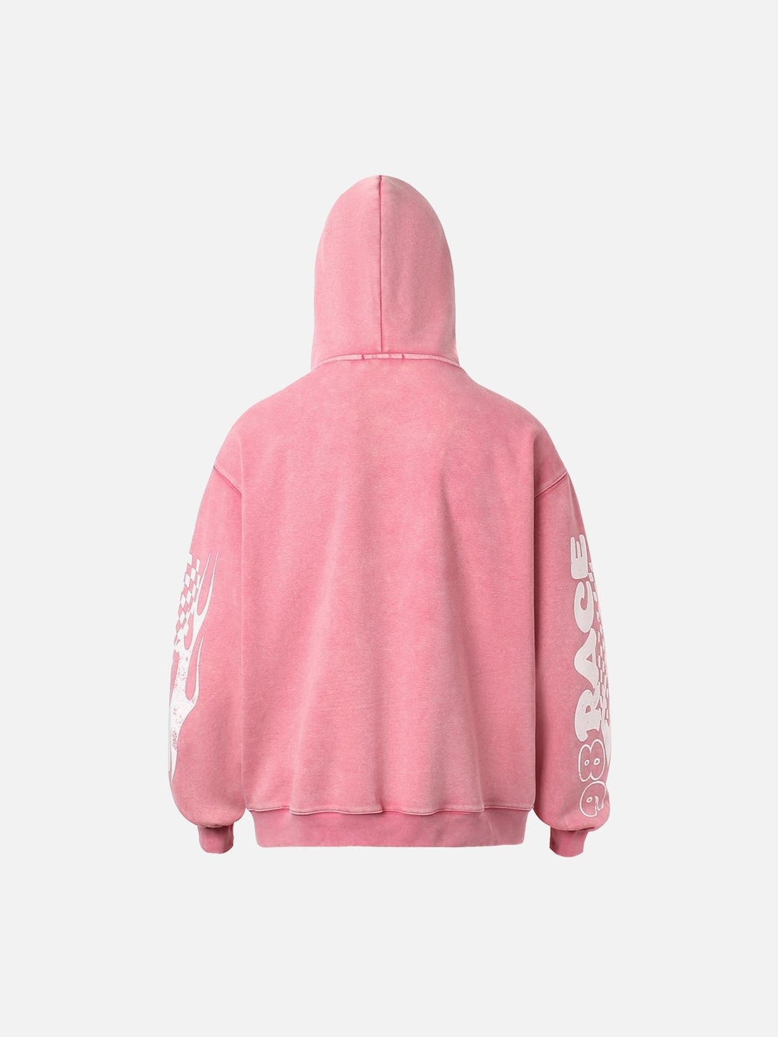 Back view of a pink washed hoodie by TALISHKO, highlighting bold sleeve graphics.