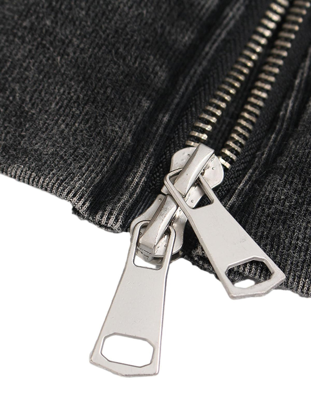 Focusing on the double zipper detail of TALISHKO's washed racing hoodie, highlighting its design.