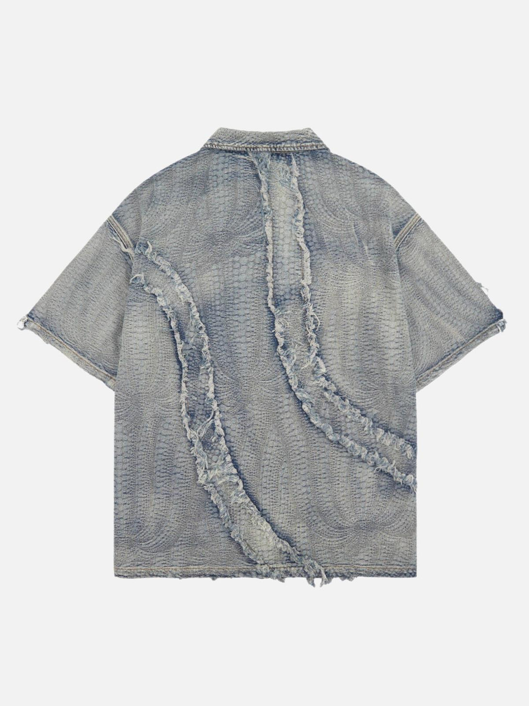 Back view of a washed denim shirt by TALISHKO, featuring unique raw edge detailing.