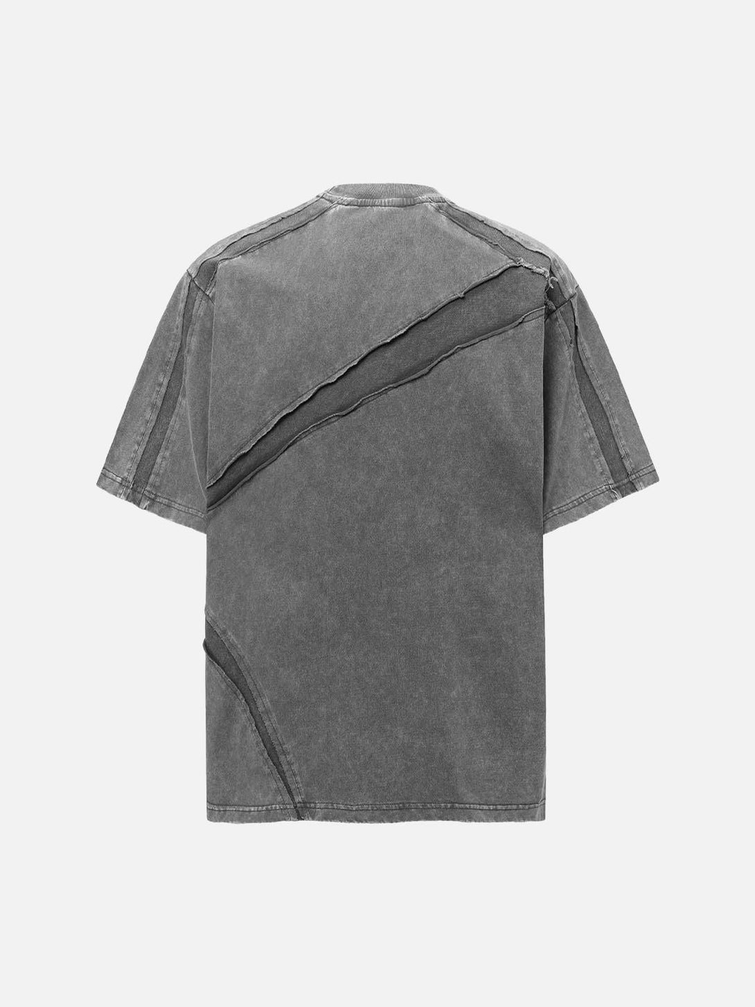 Back view of TALISHKO's washed oversized T-shirt, featuring raw edges and a split design.