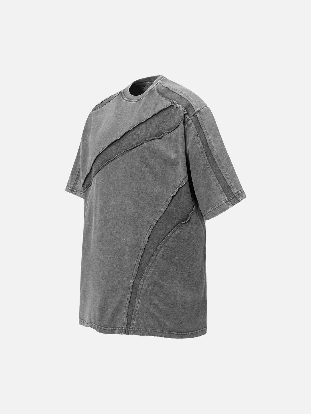 Side view of a washed oversized T-shirt by TALISHKO, highlighting raw edges and split design.