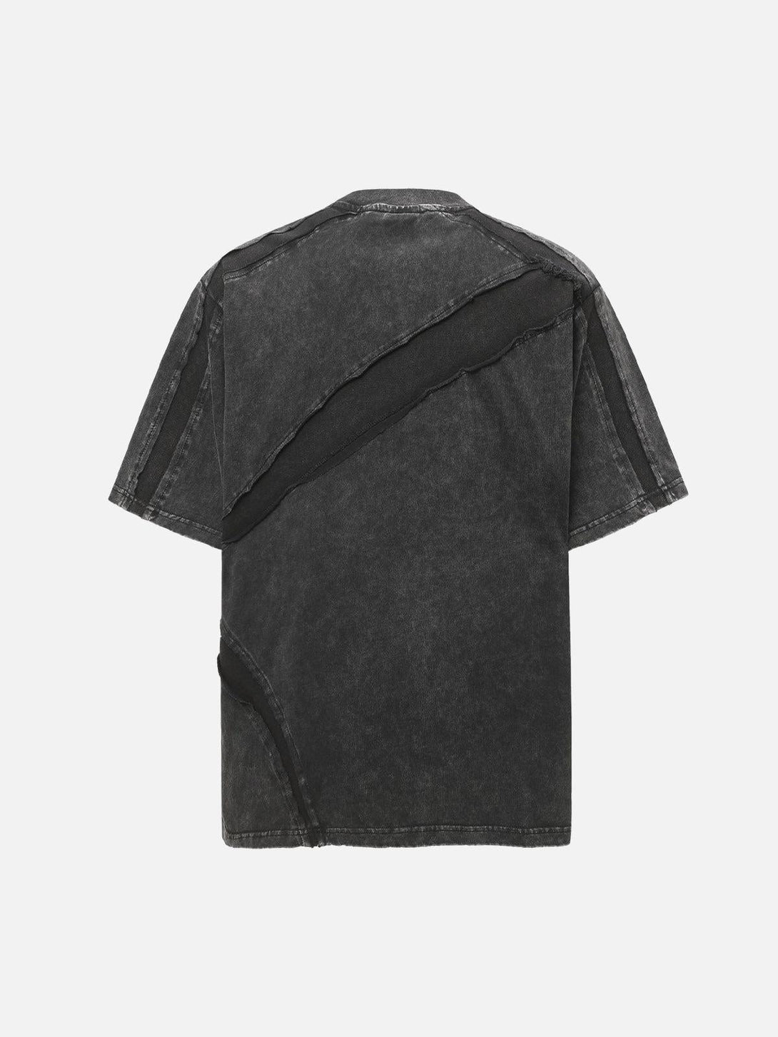 Back view of TALISHKO's oversized T-shirt, showcasing washed texture and raw edge details.