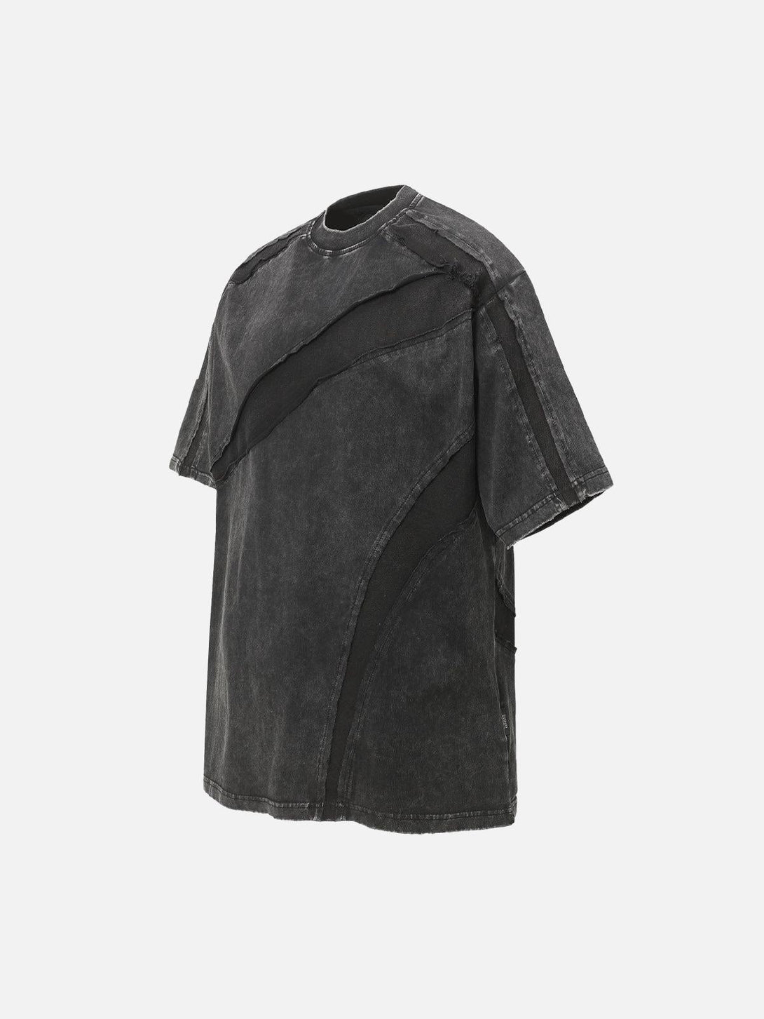 Side view of TALISHKO's washed oversized T-shirt with raw edges and a unique split design.