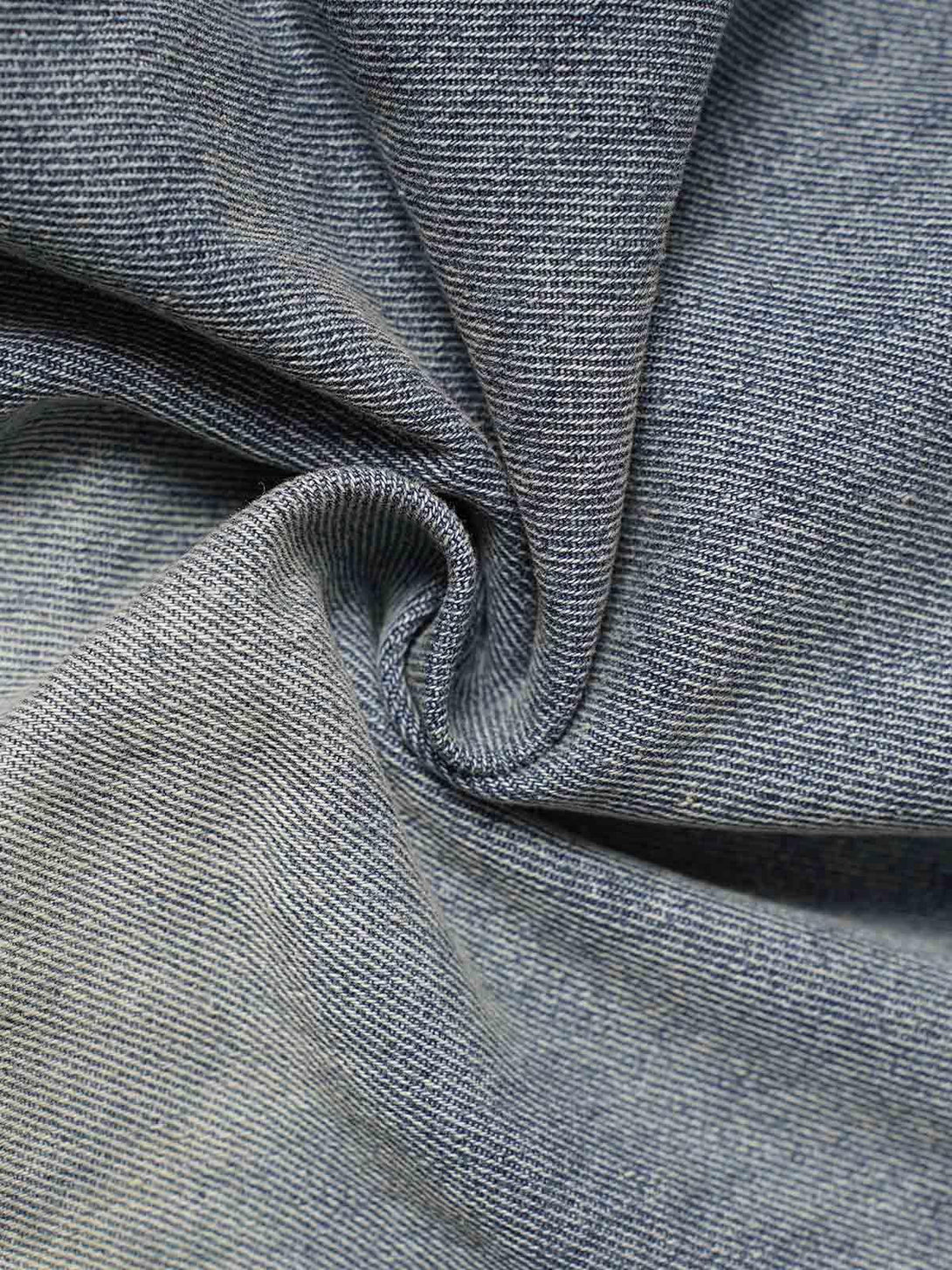 Intricate look at TALISHKO jeans, showcasing the textured fabric and washed, relaxed style.