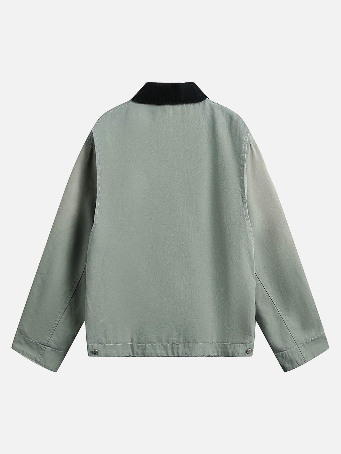 Back view of TALISHKO's washed gradient zip-up work jacket in a muted green tone.