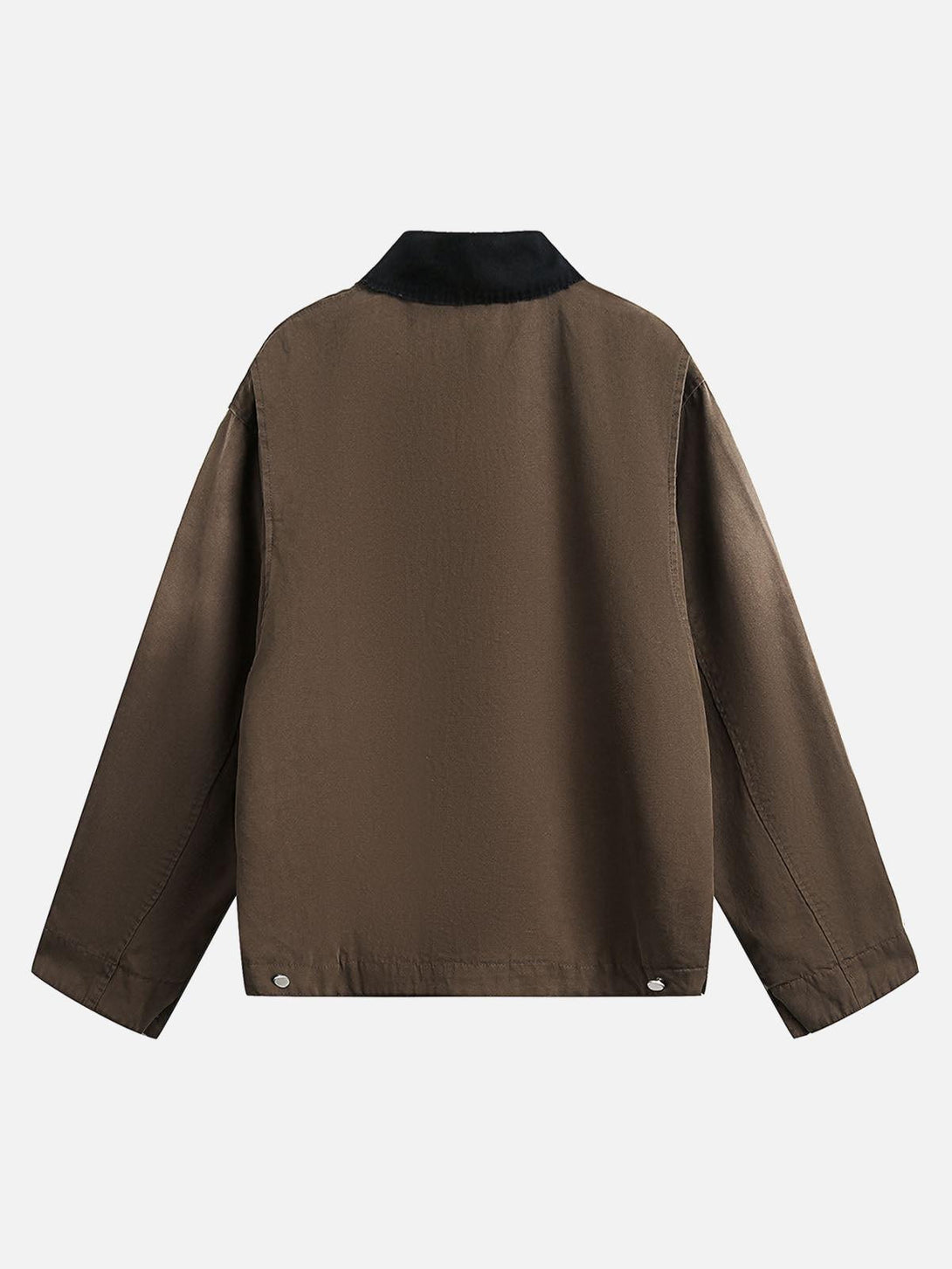 Back view of TALISHKO's brown washed work jacket, highlighting its classic, versatile design.
