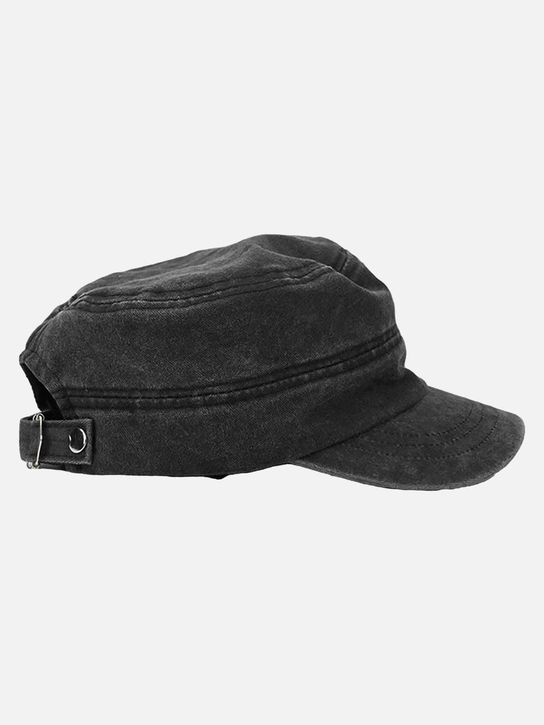 Side view of a TALISHKO washed flat top cap, featuring rivet and zipper accents for edgy style.