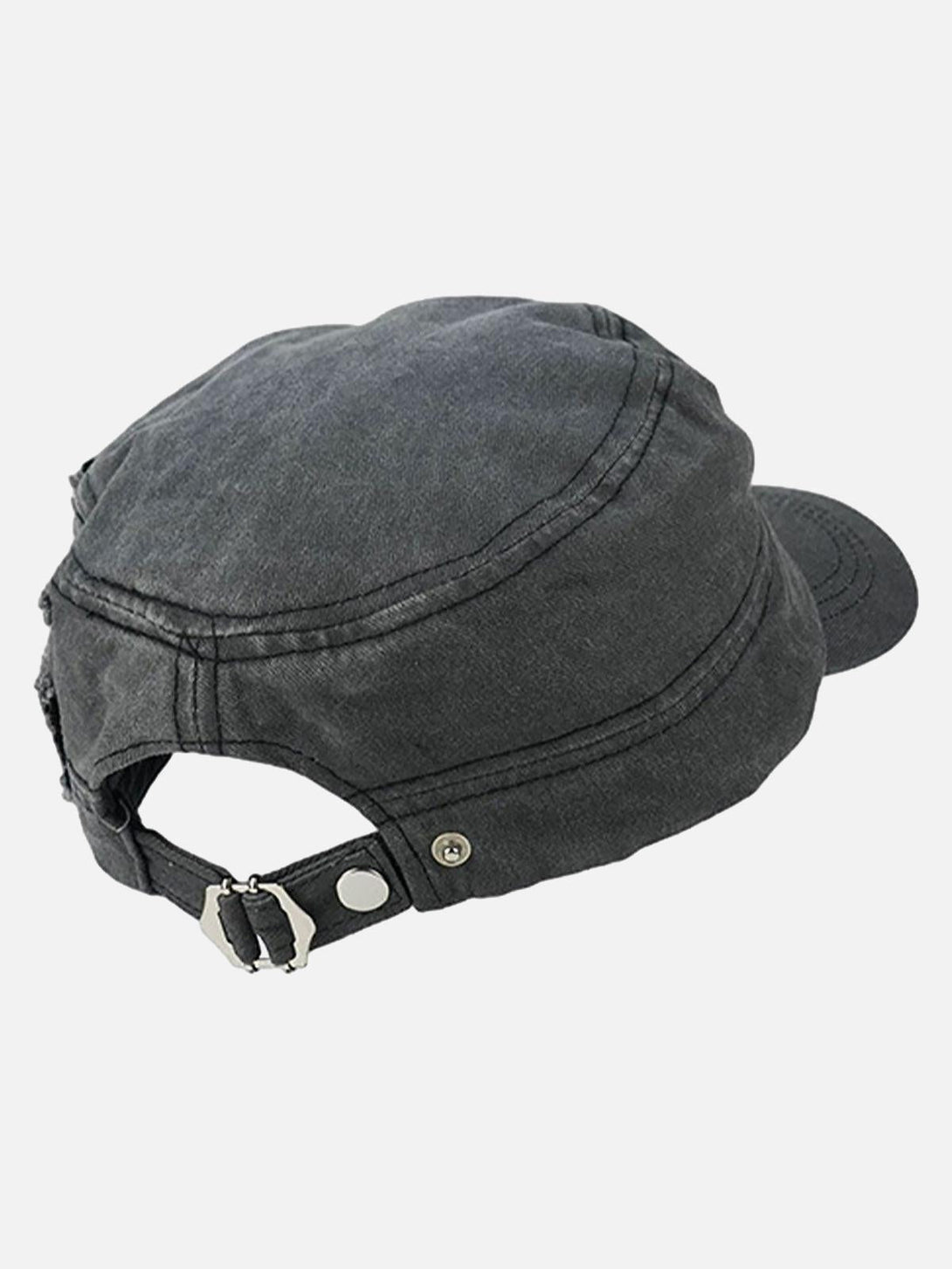 Back view of TALISHKO's washed flat top cap with rivet details, offering a rugged style.