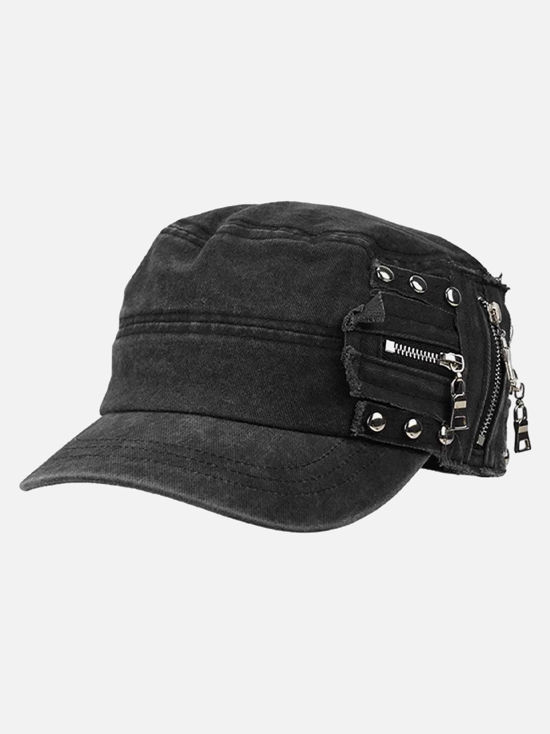 A rugged washed cap by TALISHKO with rivet and zipper accents, adding edgy flair to any look.