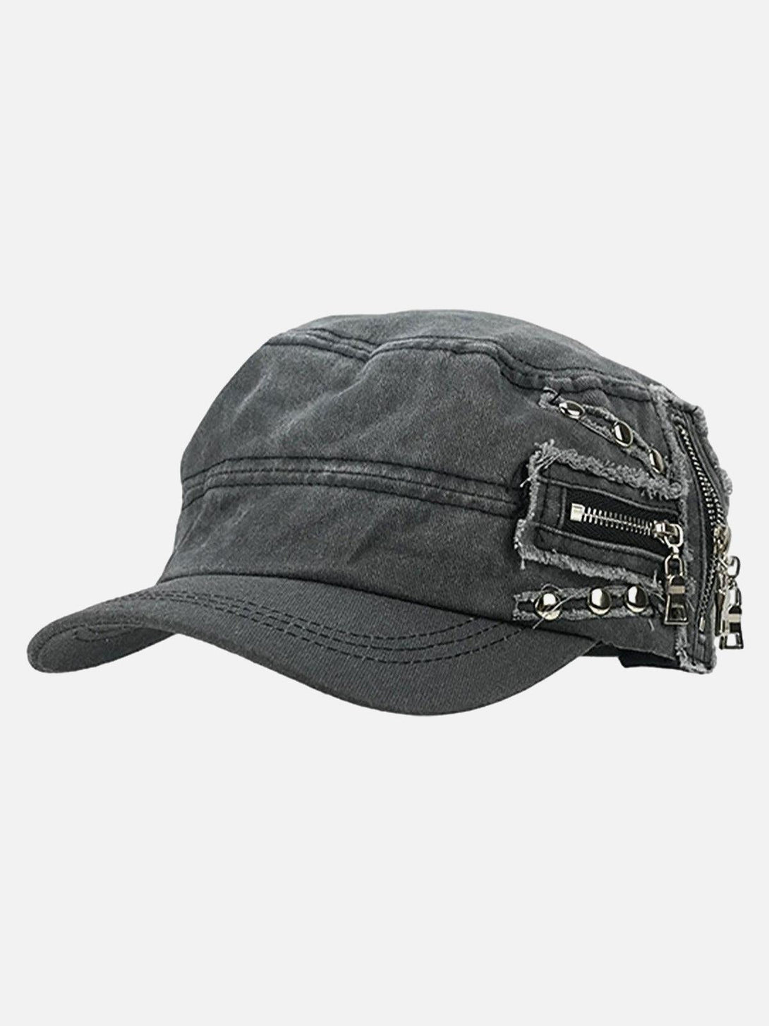 Edgy washed flat top cap by TALISHKO, featuring rivet and zipper details for a bold look.