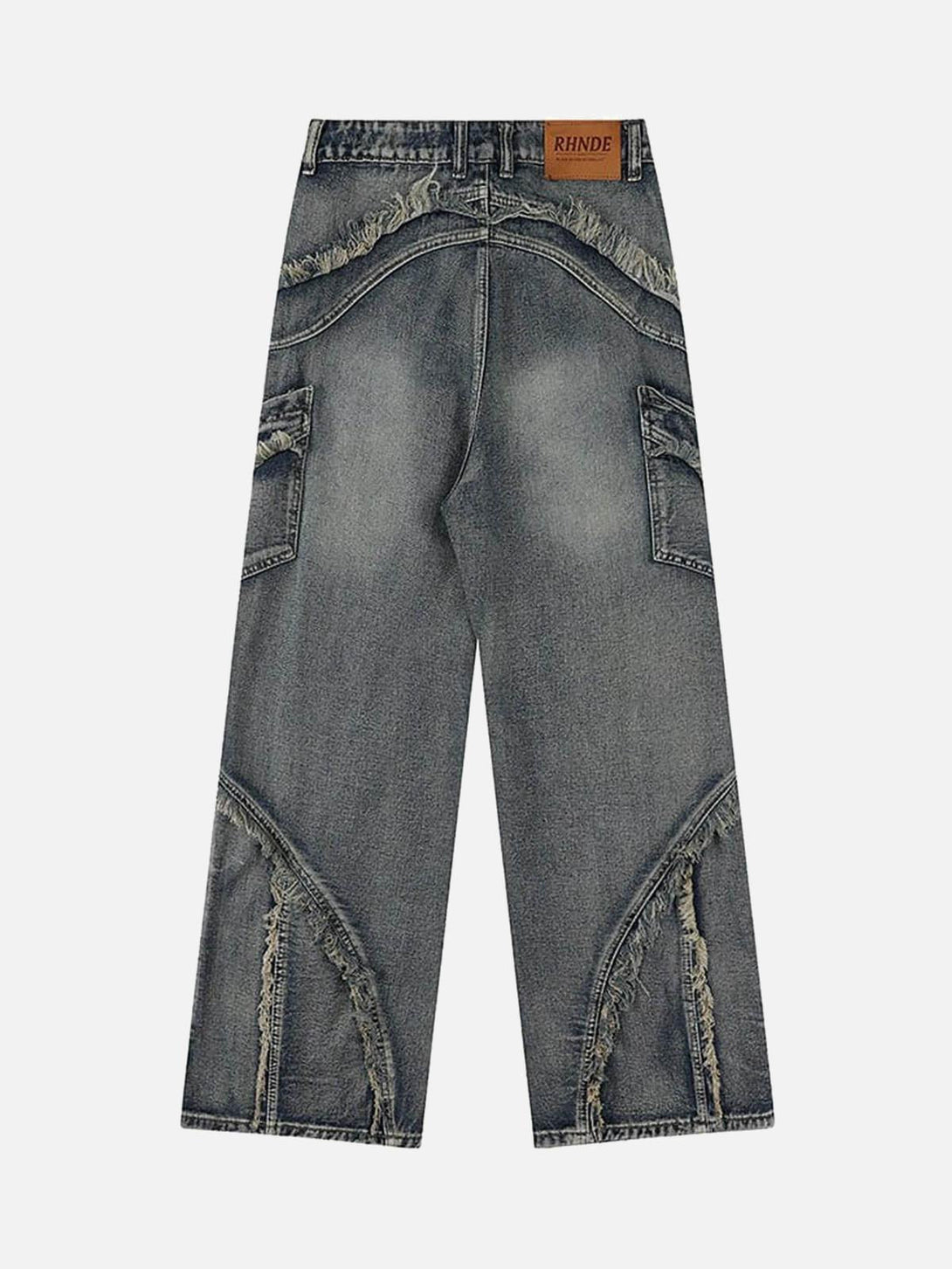 Back view of TALISHKO washed baggy jeans highlighting raw edge details and side pockets.