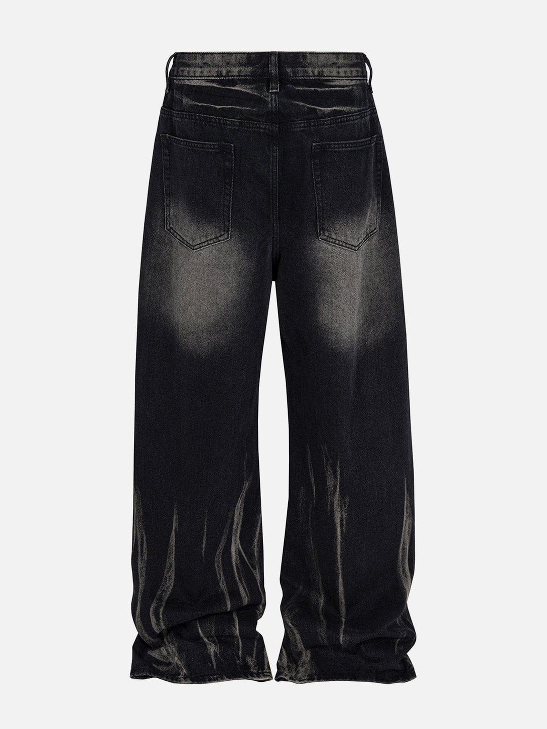 Back view of black washed stained wide-leg jeans by TALISHKO, showcasing a unique grunge style.