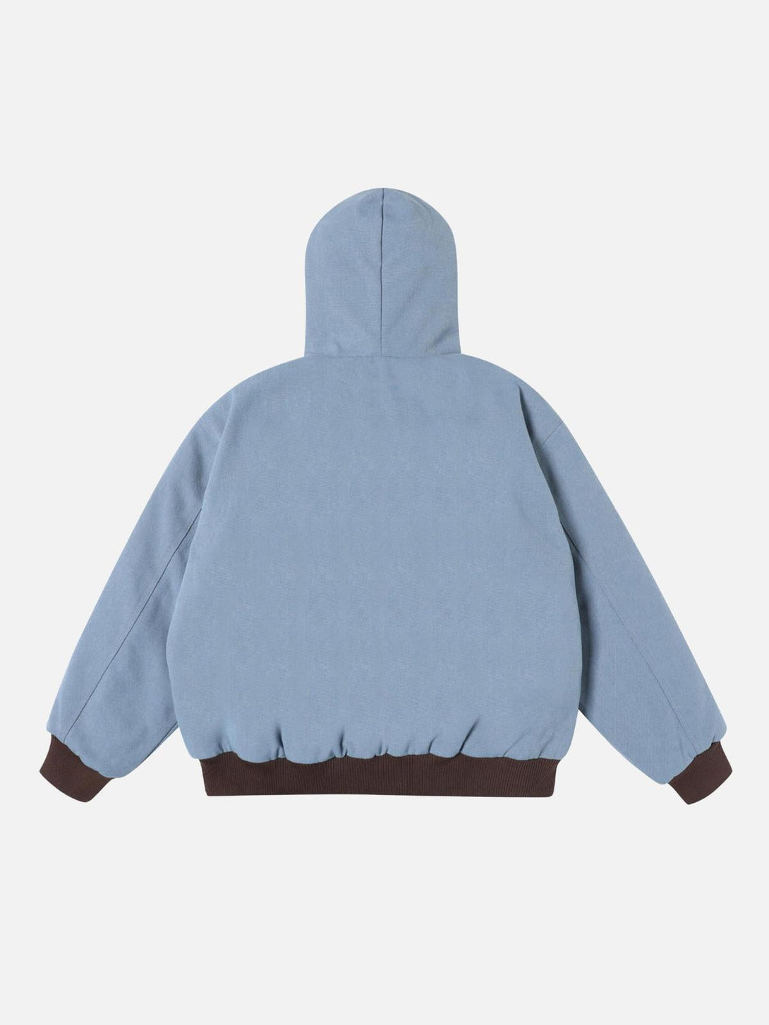 Back view of a blue washed zip-up hooded jacket by TALISHKO, featuring a cozy design.