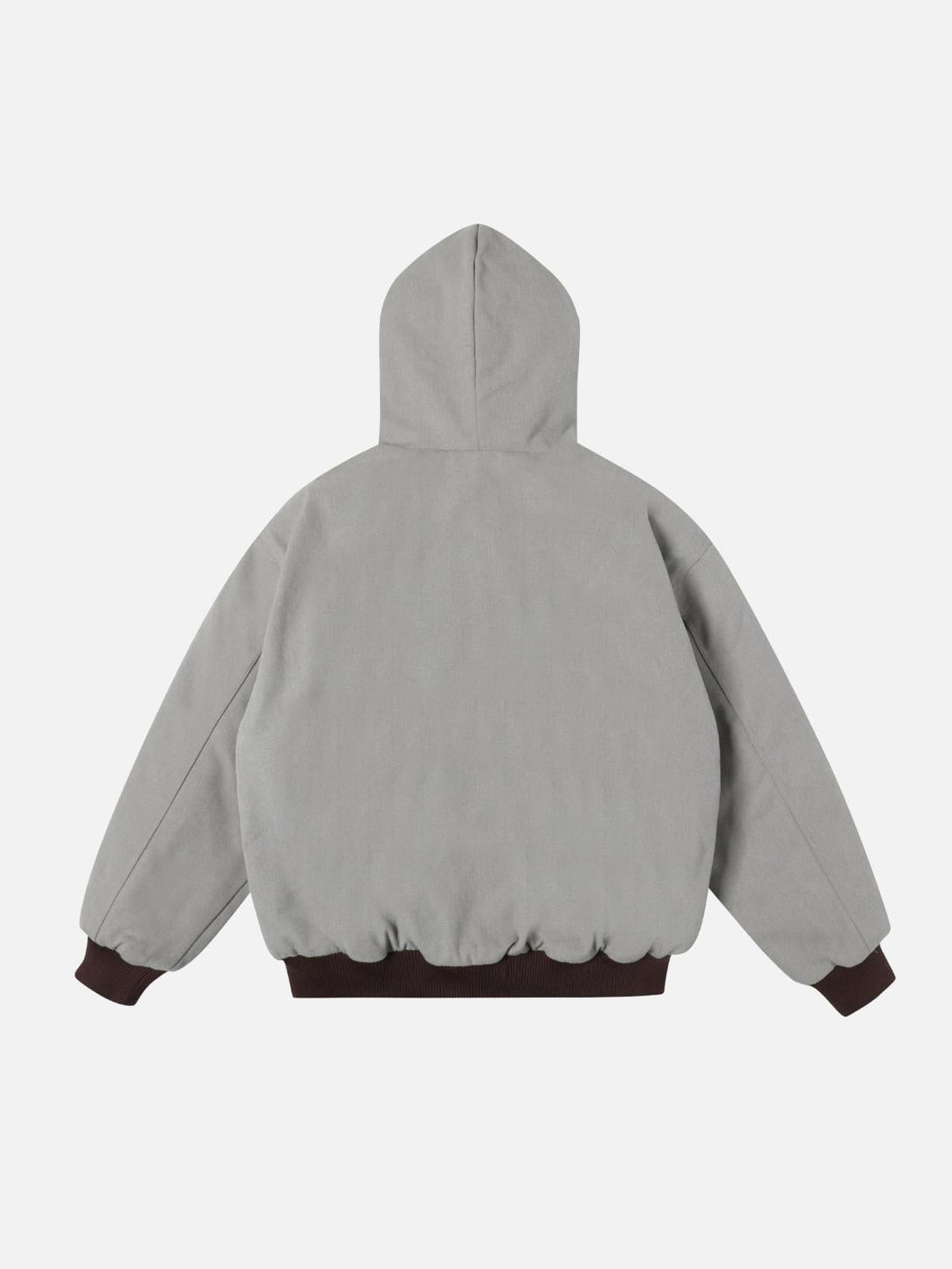 Back view of a gray washed zip-up hooded jacket by TALISHKO, showcasing casual comfort.