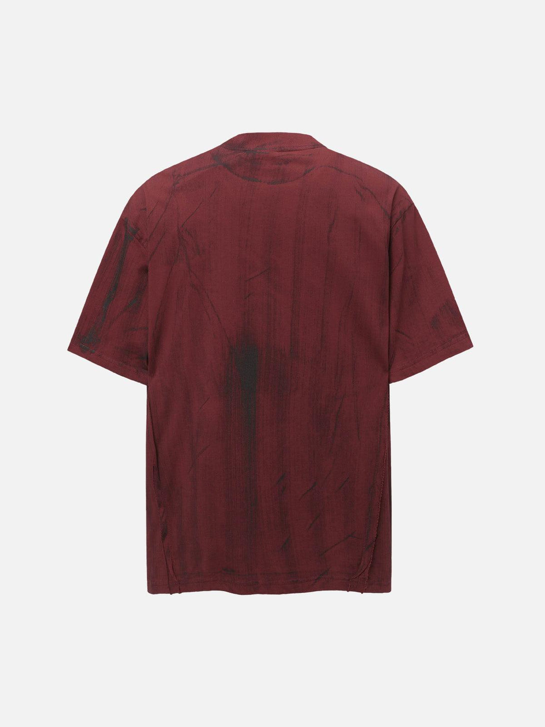 Back view of TALISHKO's oversized graphic T-shirt in a red and black dye pattern.