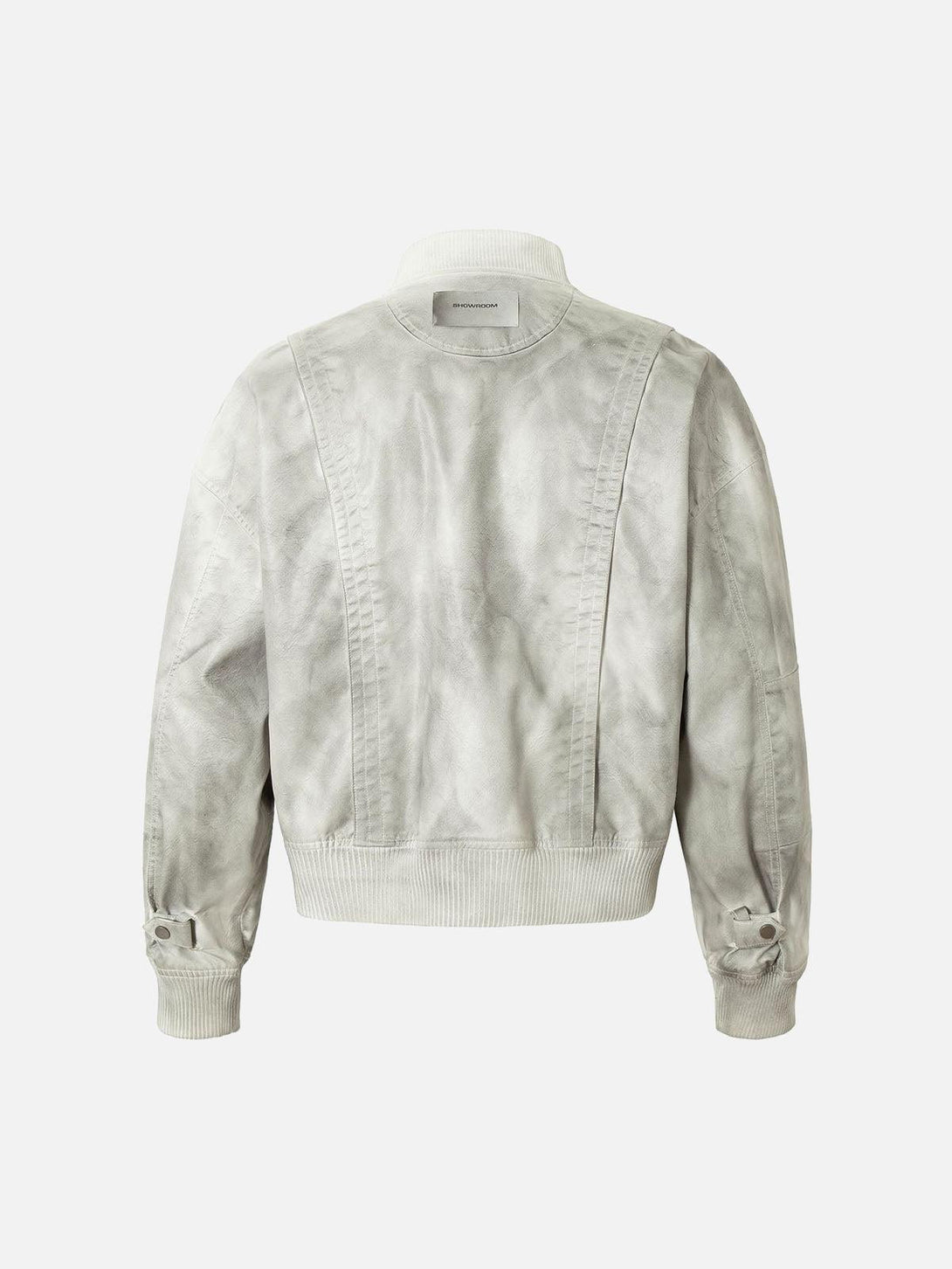 Back view of TALISHKO's distressed leather bomber jacket, highlighting its unique dye effect.