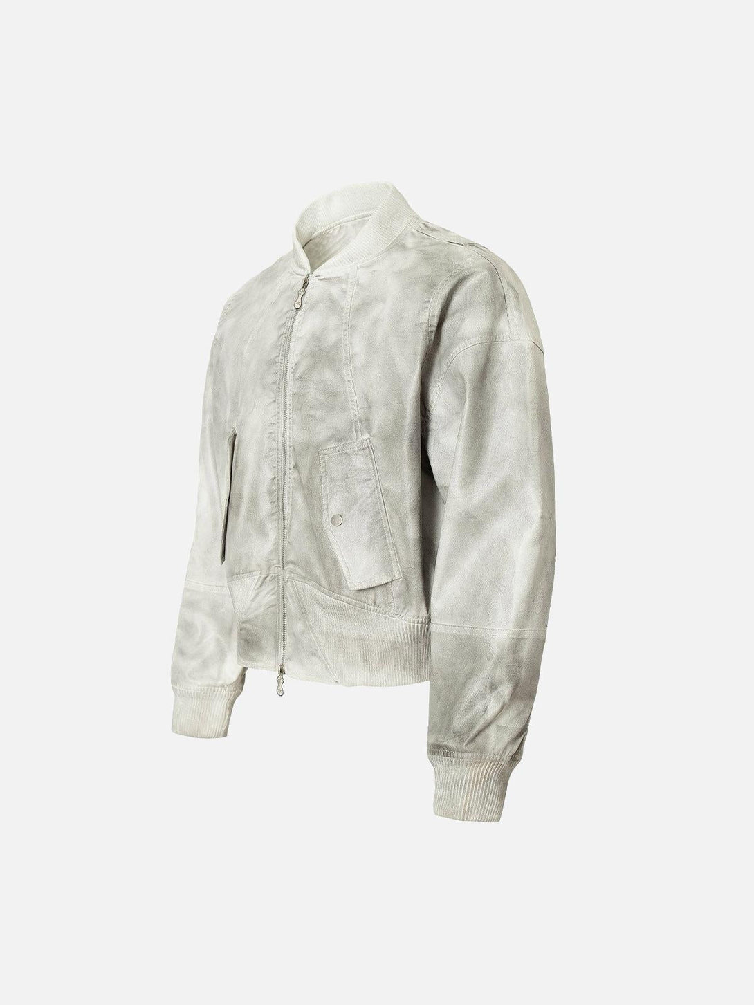 Side view of TALISHKO's distressed leather bomber jacket, highlighting its rugged texture.