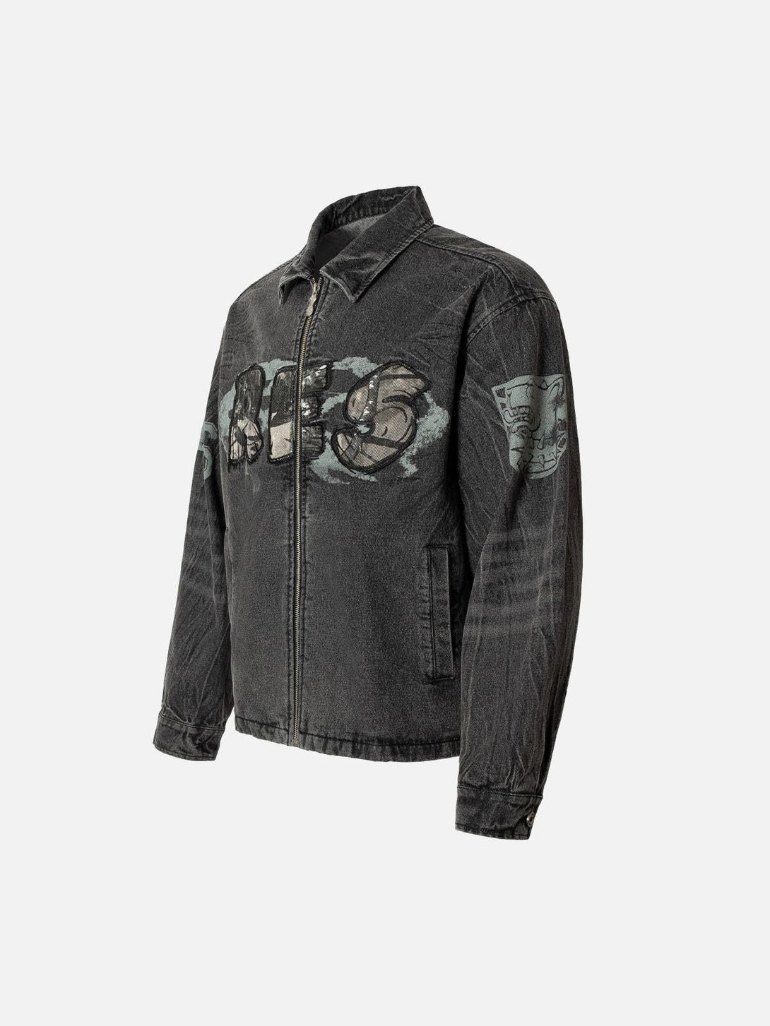 Side view of TALISHKO denim jacket with edgy embroidery, offering a unique streetwear touch.